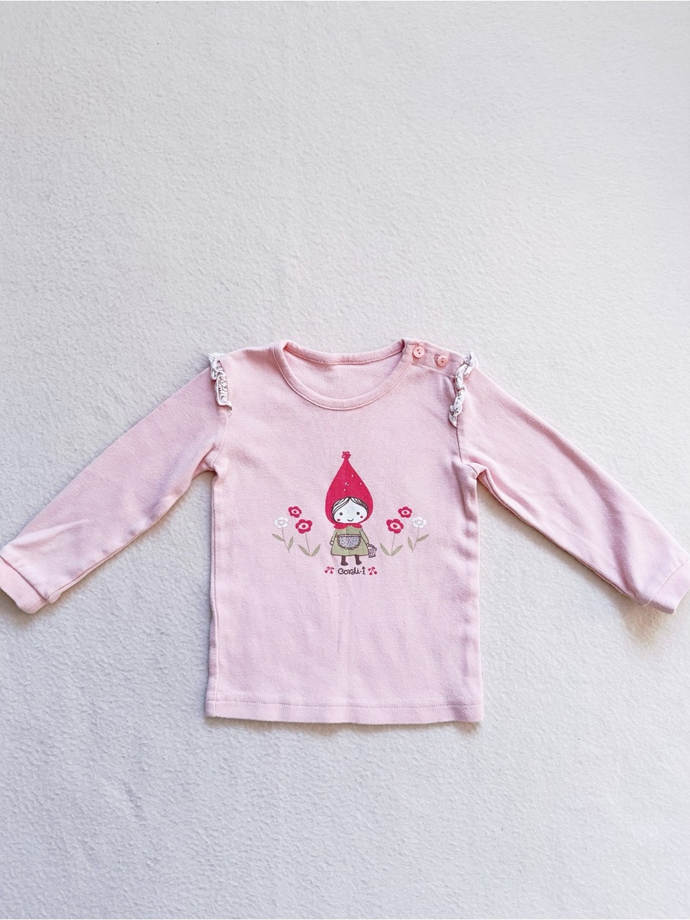 3/$30 Cordi-I Korean Pink Ruffle Shoulder Long Sleeve Graphic Top Cotton Tee 3T